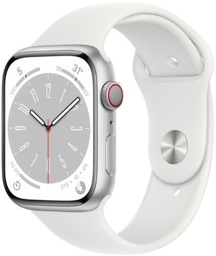 Apple Watch Series 8 (Cellular + GPS) - 32GB - 45mm - Silver Aluminum Case with White Rubber Sport Band