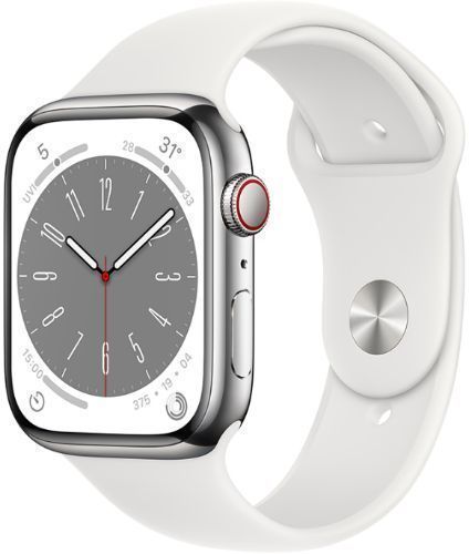 Apple Watch Series 8 (Cellular + GPS) - 32GB - 41mm - Silver Stainless Steel Case with White Rubber Sport Band