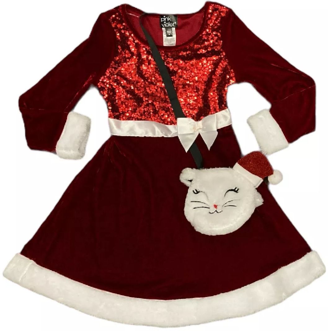 Pink & Violet Holiday Girl's Dress with Cat Purse 2T