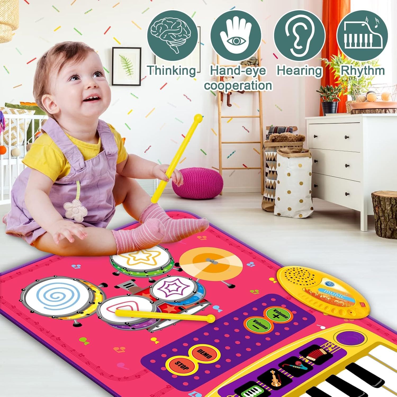 PRAGYM 2-in-1 Toddler Music Mat with Keyboard & Drum Toy